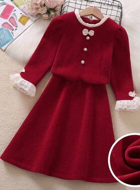 女童红色喜庆连衣裙2026新款冬季大童加绒加厚小香风外套年服套装