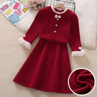 女童红色喜庆连衣裙2026新款冬季大童加绒加厚小香风外套年服套装