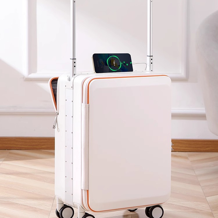 铝框宽拉杆商务登机箱，前置开口