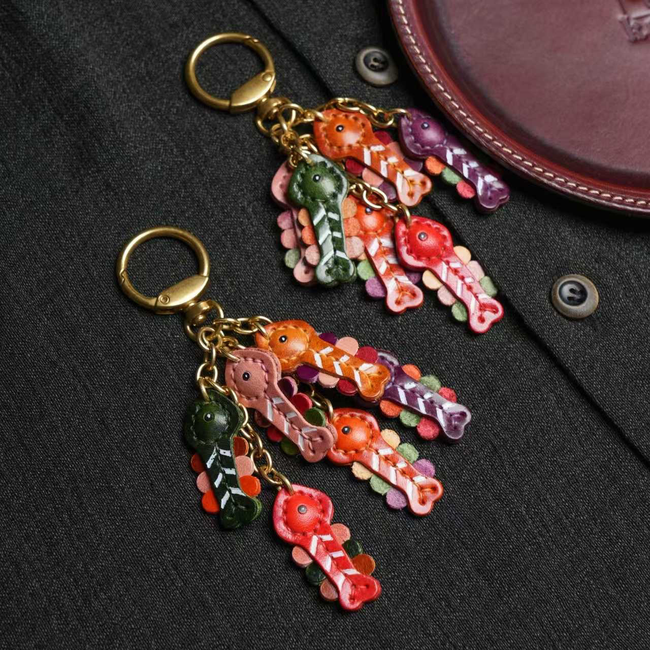 制道手工真皮挂件多鱼钥匙扣包挂饰个性创意礼品可爱卡通装饰