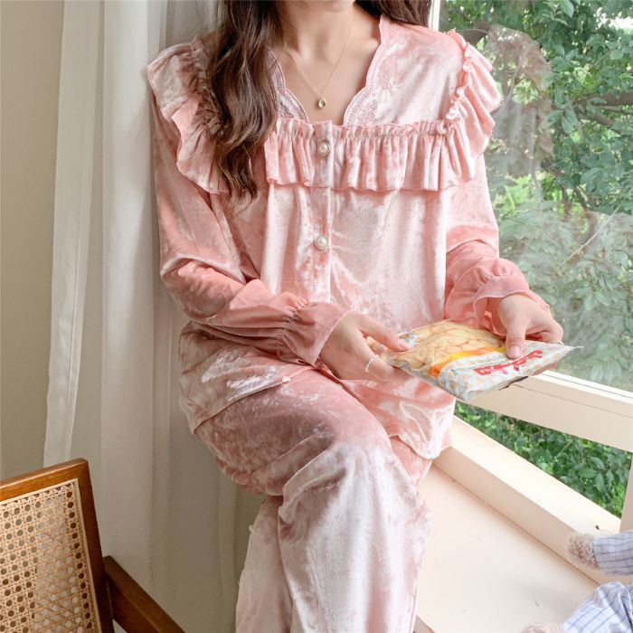 睡衣女款冬季长袖套装网红新款轻奢蕾丝秋冬家居服长袖开衫套装