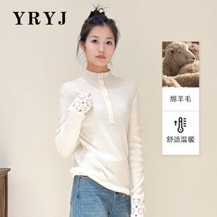 YRYJ钩织镂空花边羊毛衫白色女士毛针织衫长袖6654002003