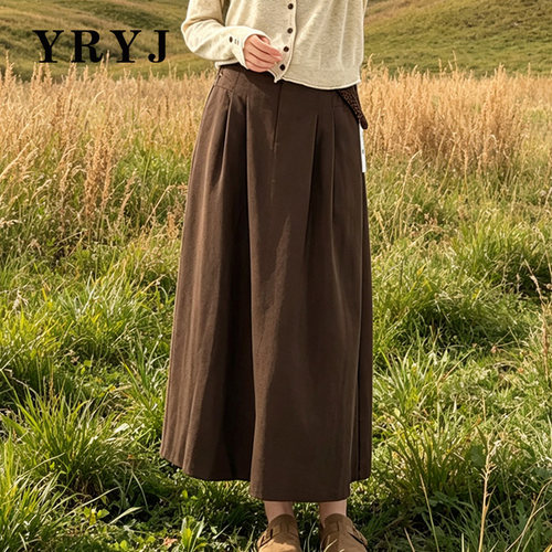 YRYJ复古高腰A字百褶半身长裙