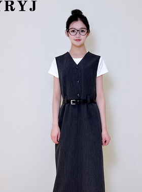 YRYJ女装商场同款春灰色V领收腰气质西装连衣裙背心裙8543023034