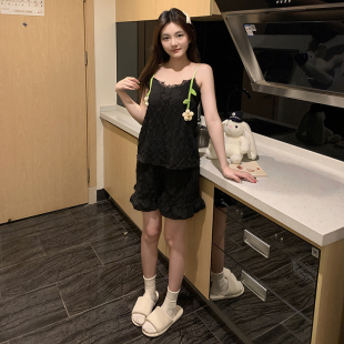 新款 ins风女睡衣带胸垫睡衣防凸点甜美可爱可外穿夏季 家居服套装