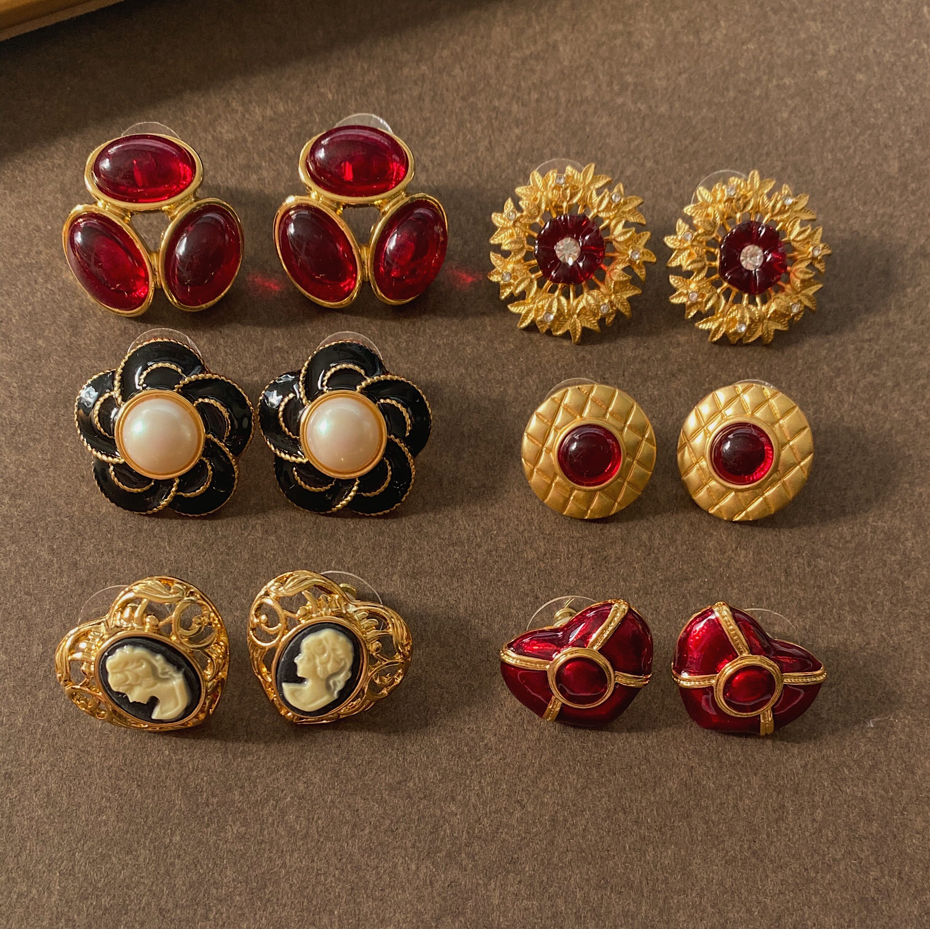 vintage复古金人头像红宝石耳钉925银针 电镀真金耳环耳饰女包邮