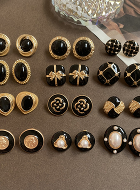 秋冬黑色系vintage复古董经典宫廷小香纽扣珐琅银针耳钉耳夹女