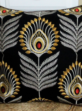 黑色奢华品质全棉羽毛刺绣花彩色波浪高档沙发靠垫抱枕套 cushion