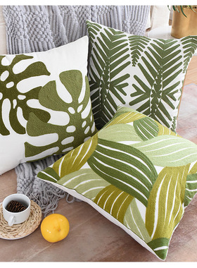 绿色几何全棉毛线刺绣花指纹抽象沙发抱枕样板房靠垫throw pillow