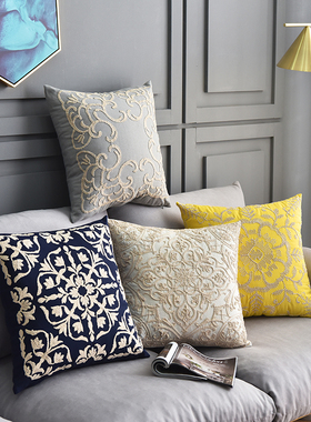 50*50美式全棉绳绣花大抱枕棉麻蓝靠垫套黄色巴洛克throw cushion