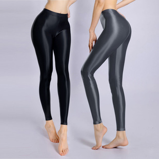 外穿健身女 薄款 油亮紧身九分小脚打底裤 丝滑健美袜欧美紧身瑜伽裤