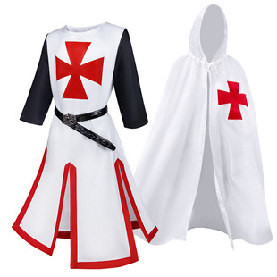 开叉拼接男上衣圣殿骑士动漫服 束腰外衣 万圣节服装 wish中世纪