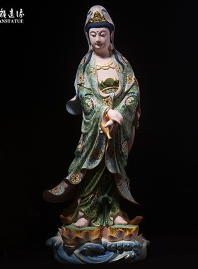 慈颜造像 桧木极彩玉净瓶观音.双莲花盘菩萨佛像