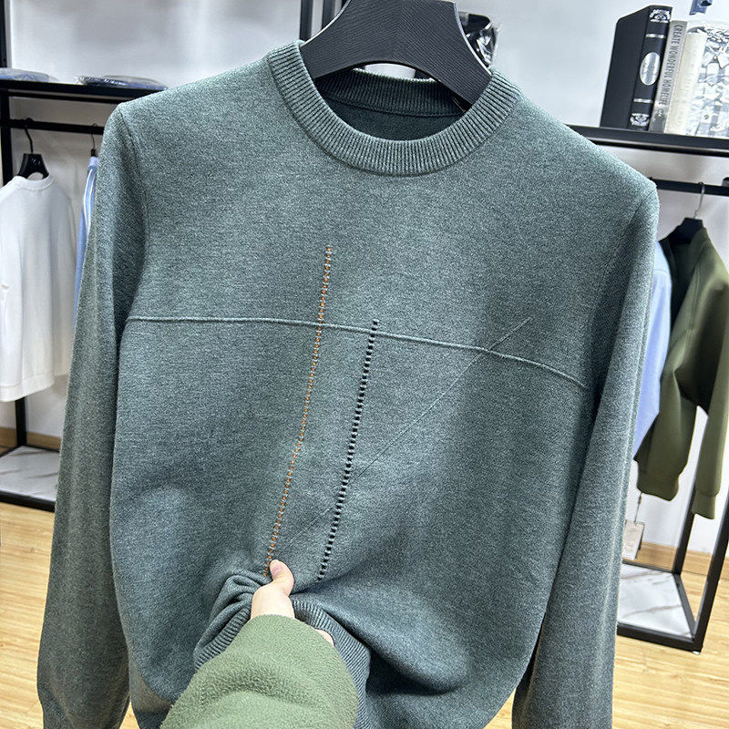 秋冬含羊毛料圆领休闲软糯长袖针织衫通勤休闲男士套头打底毛衣