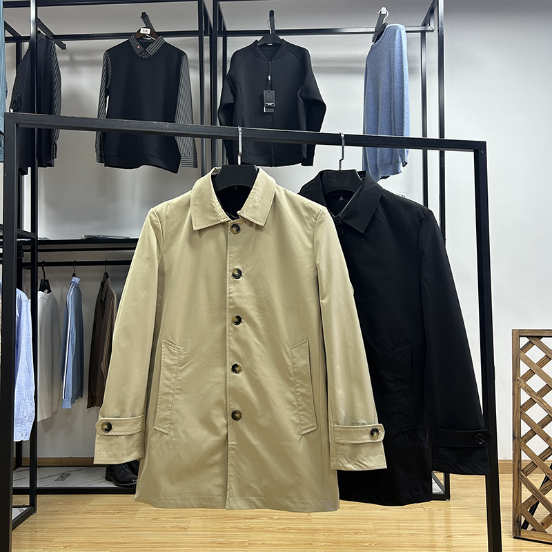 商务通勤翻领宽松中长款风衣秋冬季男士气质舒适纯色百搭外套