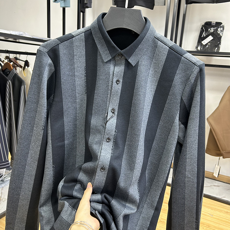 磨毛料加绒保暖修身加厚衬衣男士秋冬季尖领经典格纹长袖衬衫