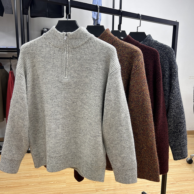 复古港风立领半拉链套头宽松廓形毛衣春季新品舒适粗针织套头衫,男装,针织衫/毛衣,淘宝优惠券,粉丝福利购,淘宝优惠卷