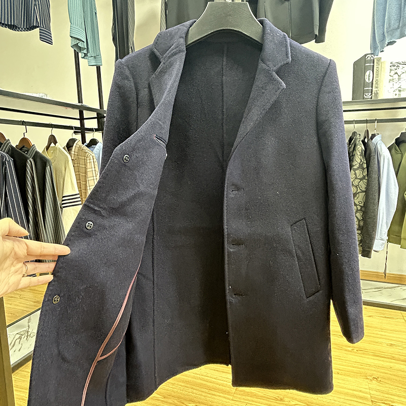 双面呢西装领中长款大衣秋冬季简约羊毛混纺修身纯色毛呢外套