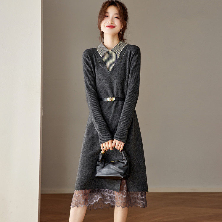 2026春秋新款假两件套下摆蕾丝拼接优雅气质通勤简约翻领连衣裙女