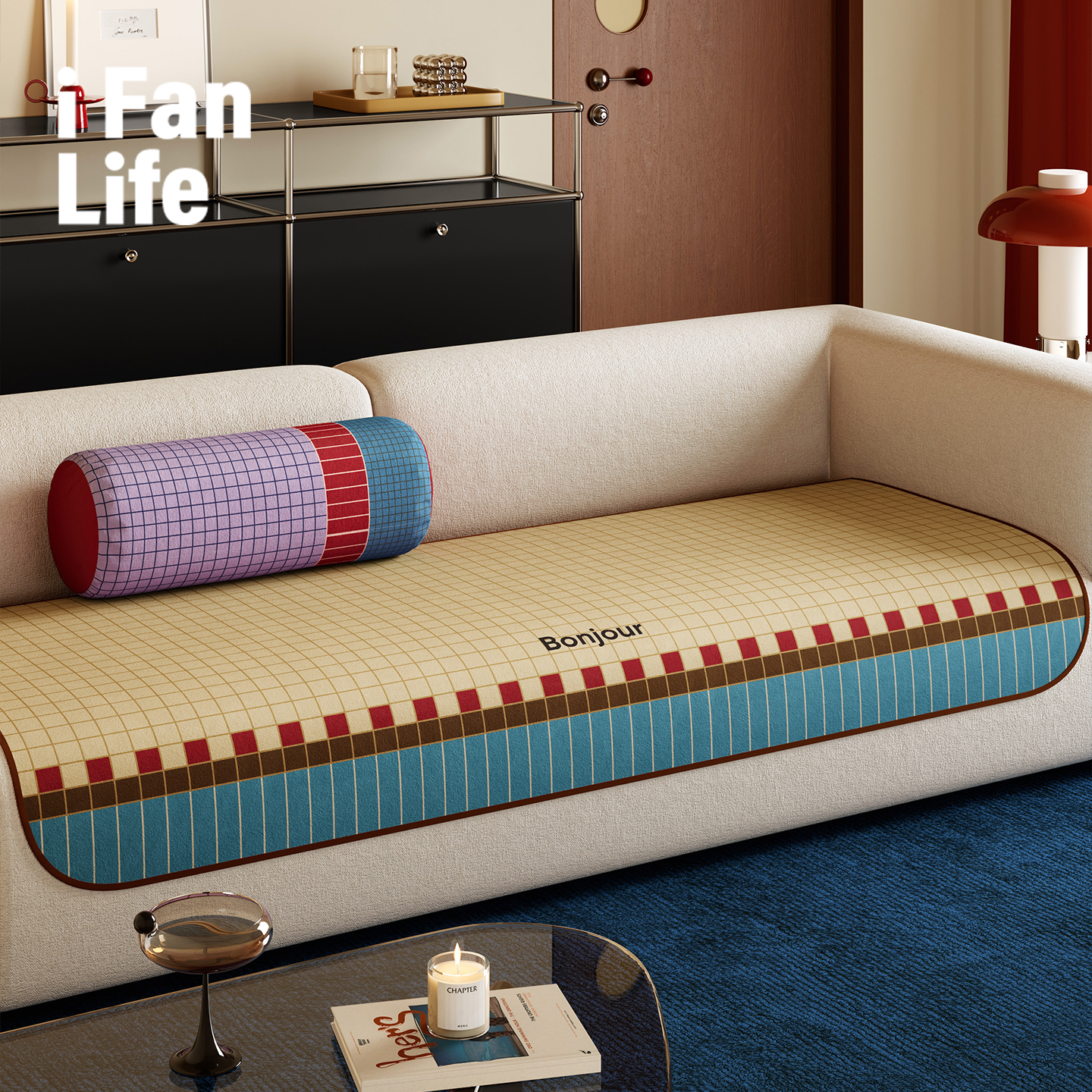 包豪斯中古风几何轻奢家用客厅一片式沙发垫可定制短毛绒四季通用