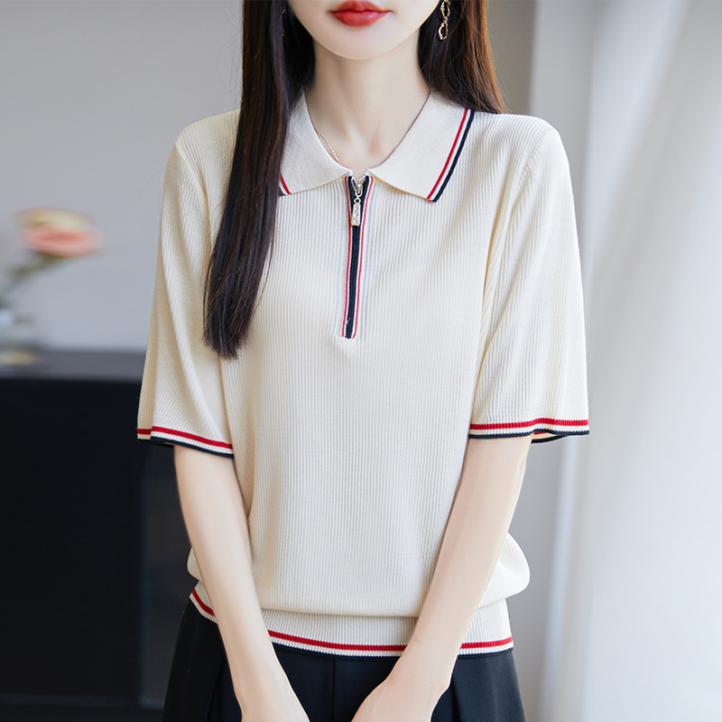 拉链翻领撞边短袖t恤女2025新款夏季爆款独特漂亮短款针织上衣