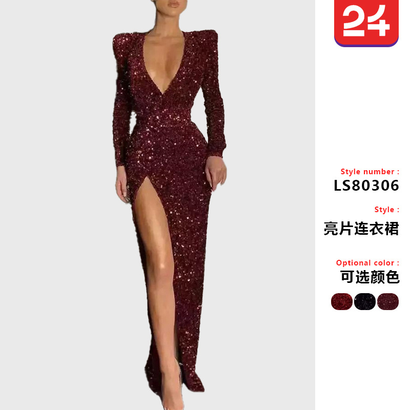 2025跨境INS亚马逊wish欧美女装性感深V长袖绣花亮片礼服开叉长裙