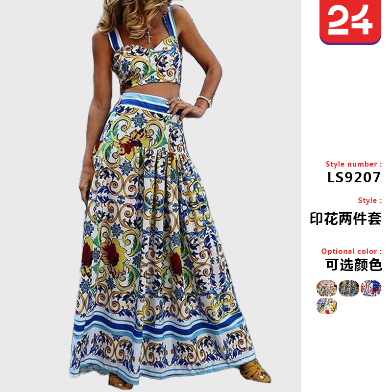 2025跨境春夏新欧美女装性感气质吊带印花连衣裙套装沙滩裙两件装