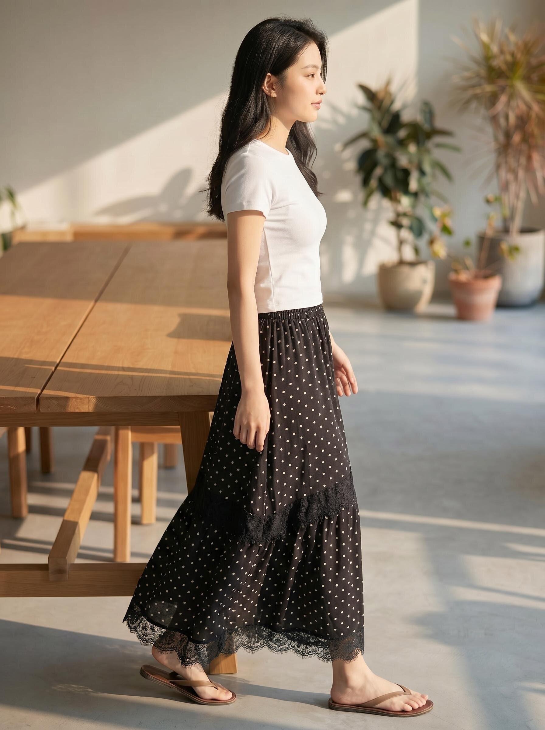 2026夏季新款波点蕾丝拼接半身裙女高腰显瘦百搭A字大摆长裙子