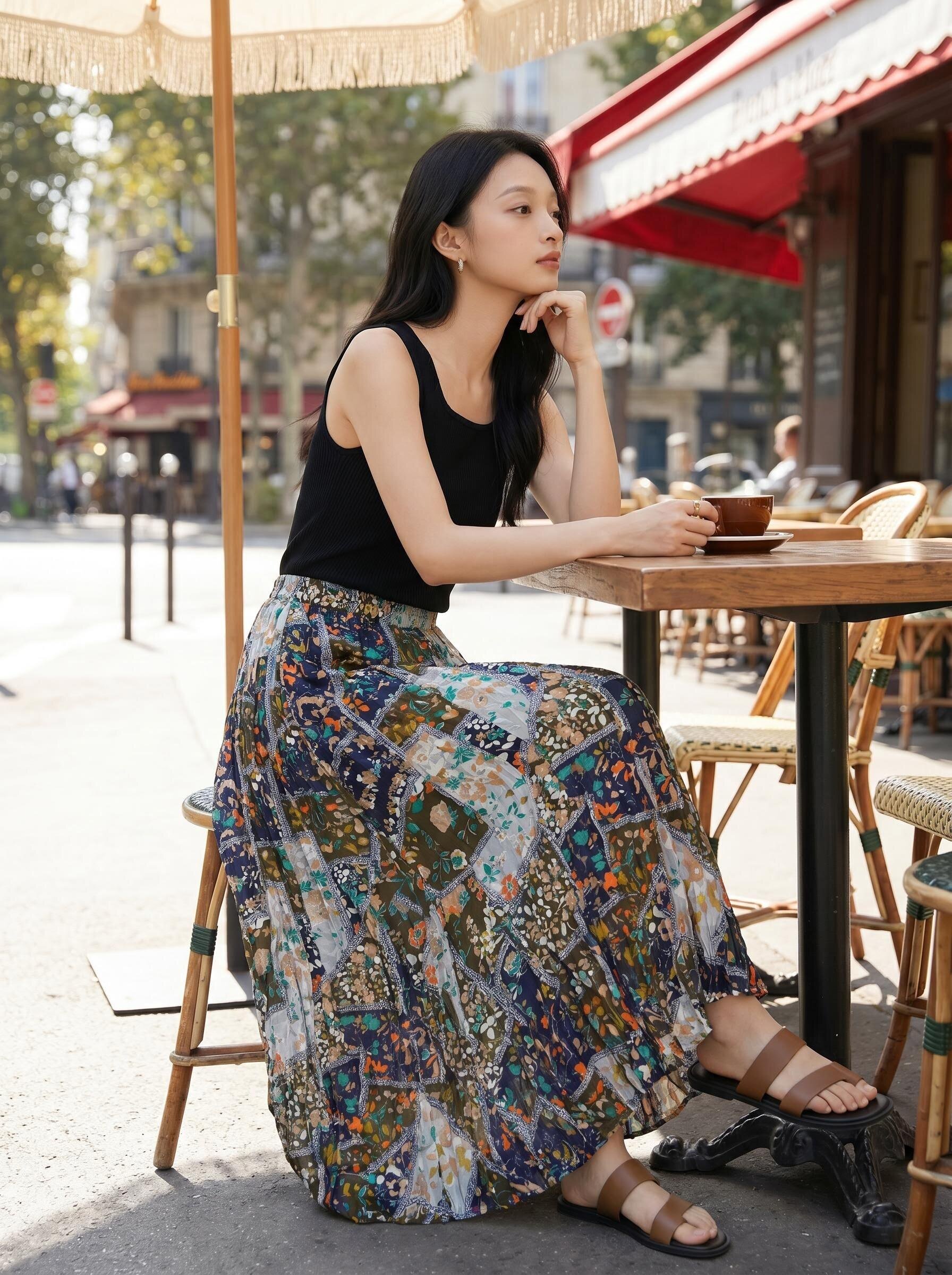 碎花半身裙夏女印花裙老钱度假风民族感超大裙摆复古气质抽褶裙子