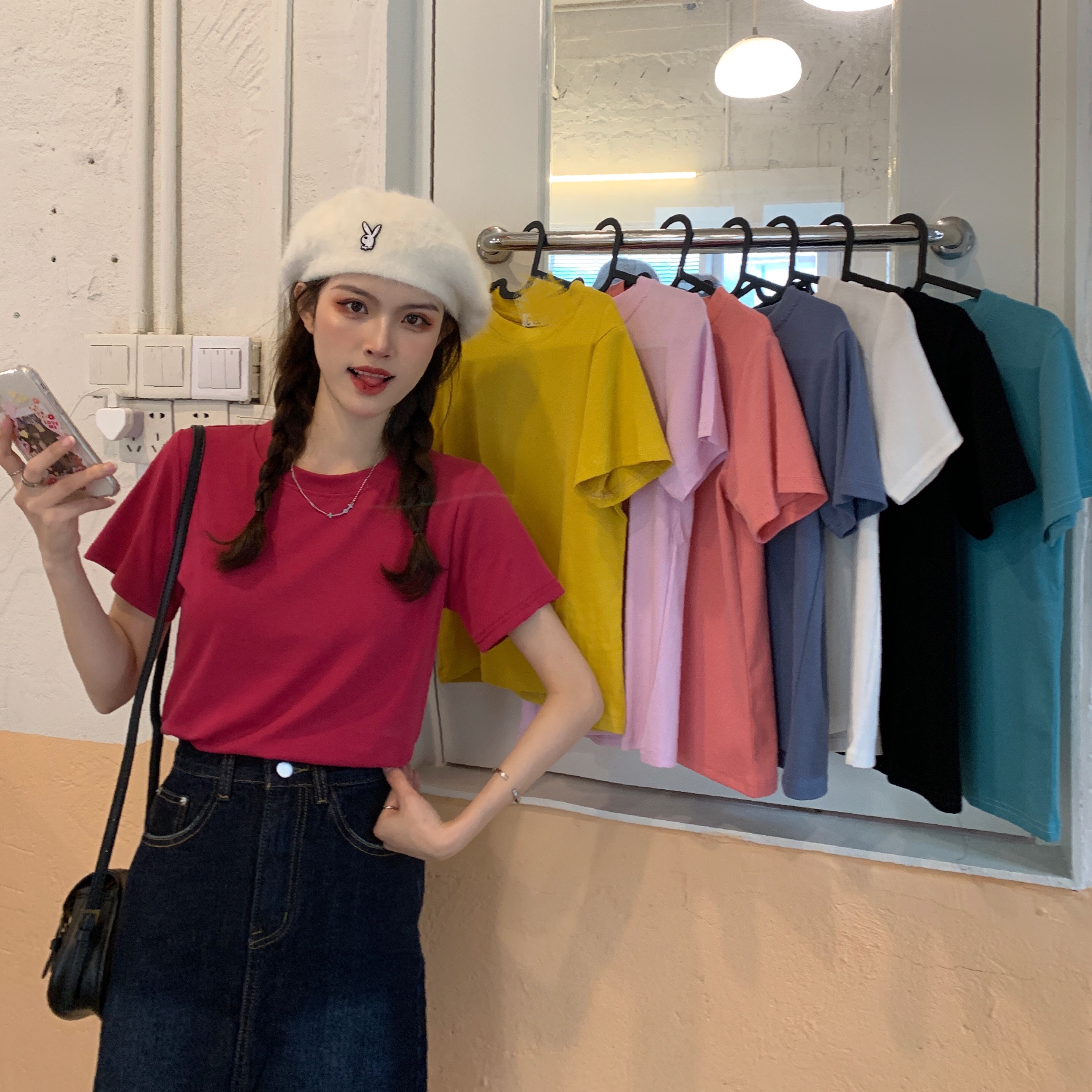 Real shot summer short sleeve solid color net red T-shirt with round neck inside