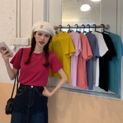 Real shot summer short sleeve solid color net red T-shirt with round neck inside