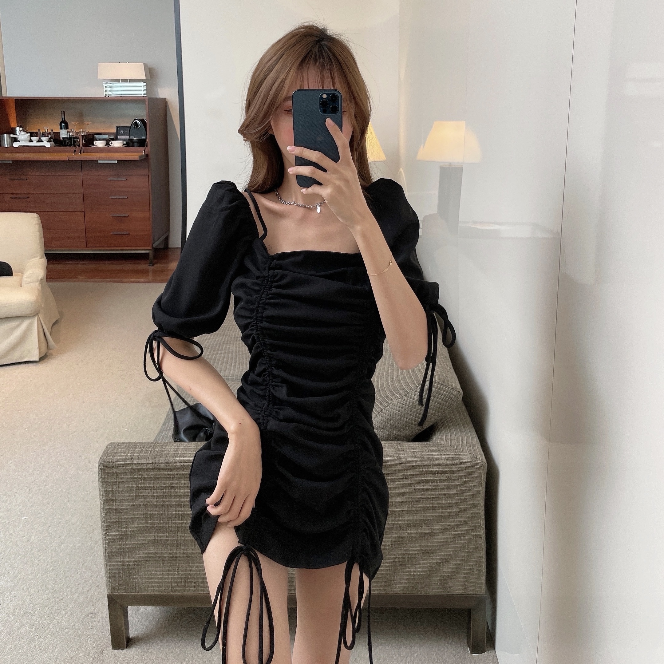 Real photo pleated slim black dress drawstring off shoulder hot girl wind bag hip summer skirt