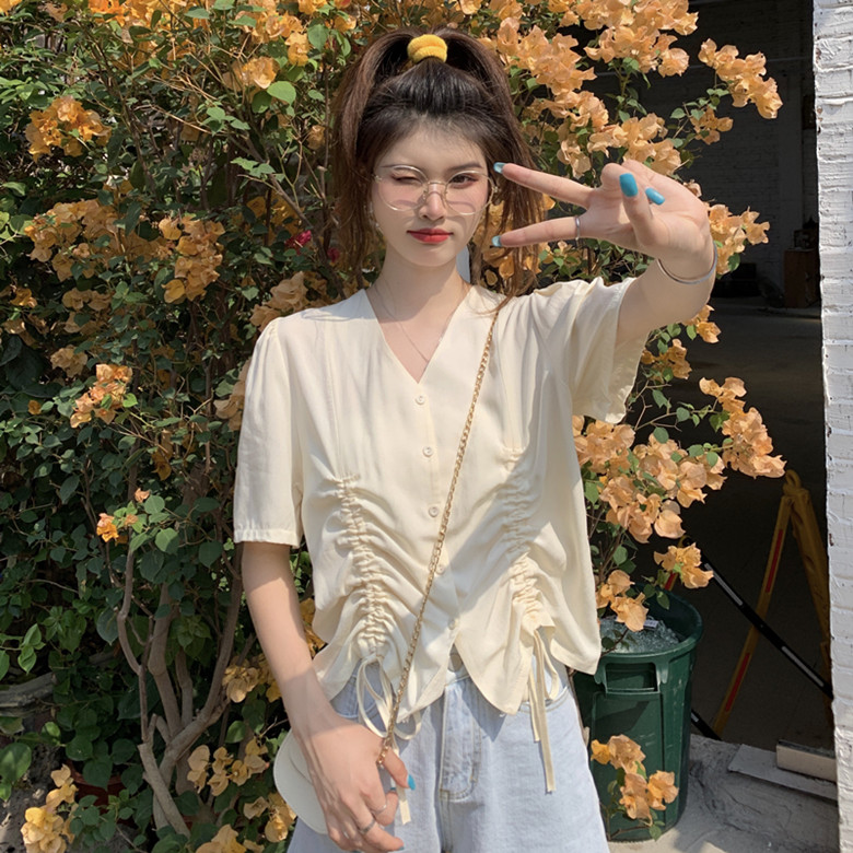 Real shot net red summer short V-neck drawstring solid color shirt design feeling 2021 new top