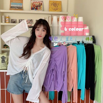 Korean V-neck white drawstring top loose and versatile long sleeve sunscreen shirt spring and summer t-shirt female