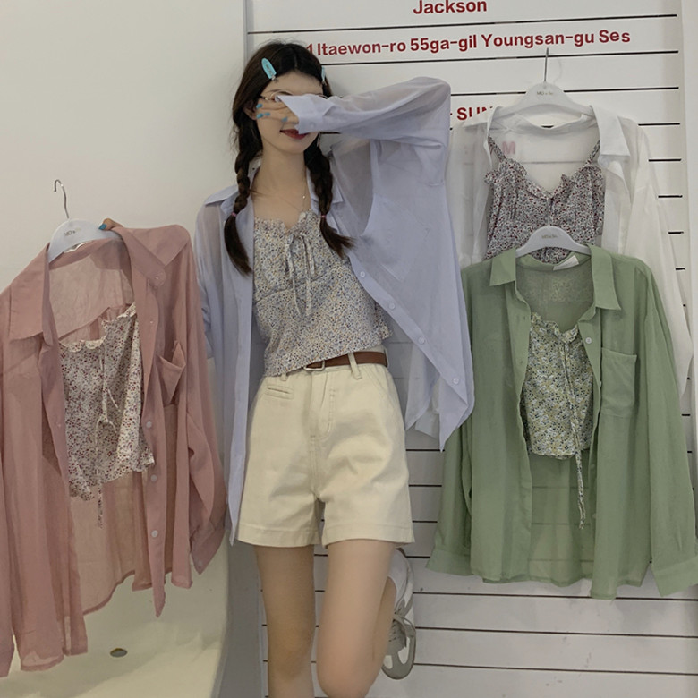 Real shot ins thin super FAIRY FASHION white Long Sleeve loose sunscreen shirt + Auricularia edge floral sling