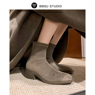 BB古 绒面瘦瘦靴秋冬黑色复古马丁靴粗跟短靴 韩国真皮2025年新款