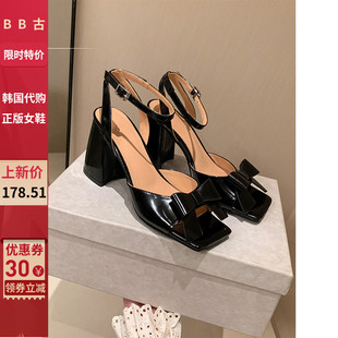 韩国公主女鞋 BB_古 甜美 真皮2024年新款 凉鞋 高跟粗跟鞋 蝴蝶结时尚