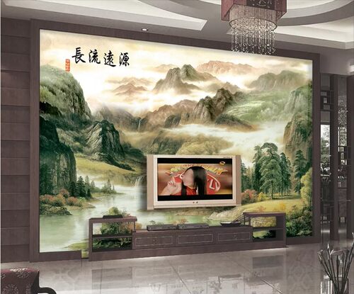 源远流长中式山水电视背景墙无缝闪银布办公室宣绒布uv喷绘3D壁画