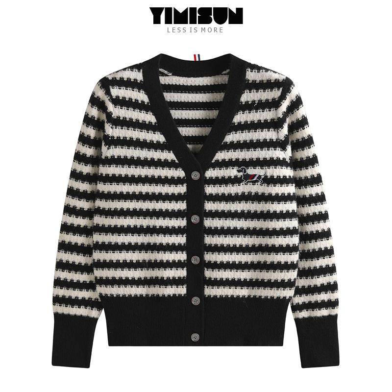 YIMISUN黑白拼色小狗刺绣v领学院风减龄显瘦短款针织开衫女外套潮,女装/女士精品,毛针织衫,淘宝优惠券,粉丝福利购,淘宝优惠卷