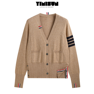 YIMISUN设计感织带学院风四条杠V领针织开衫女减龄百搭毛衣外套潮