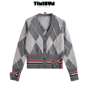 YIMISUN氛围减龄菱形格纹撞色v领织带针织开衫女短款修身毛衣外套