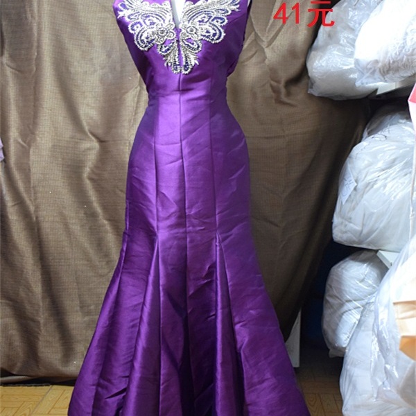 打折清仓特价二手婚纱礼服紫色双肩满绣韩版晚礼服包邮缎面演出服