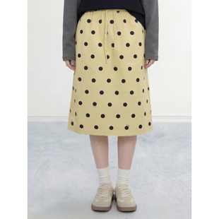 良木衣 A字裙 韩系温柔风奶黄色波点半身裙女夏抽绳松紧腰中长款