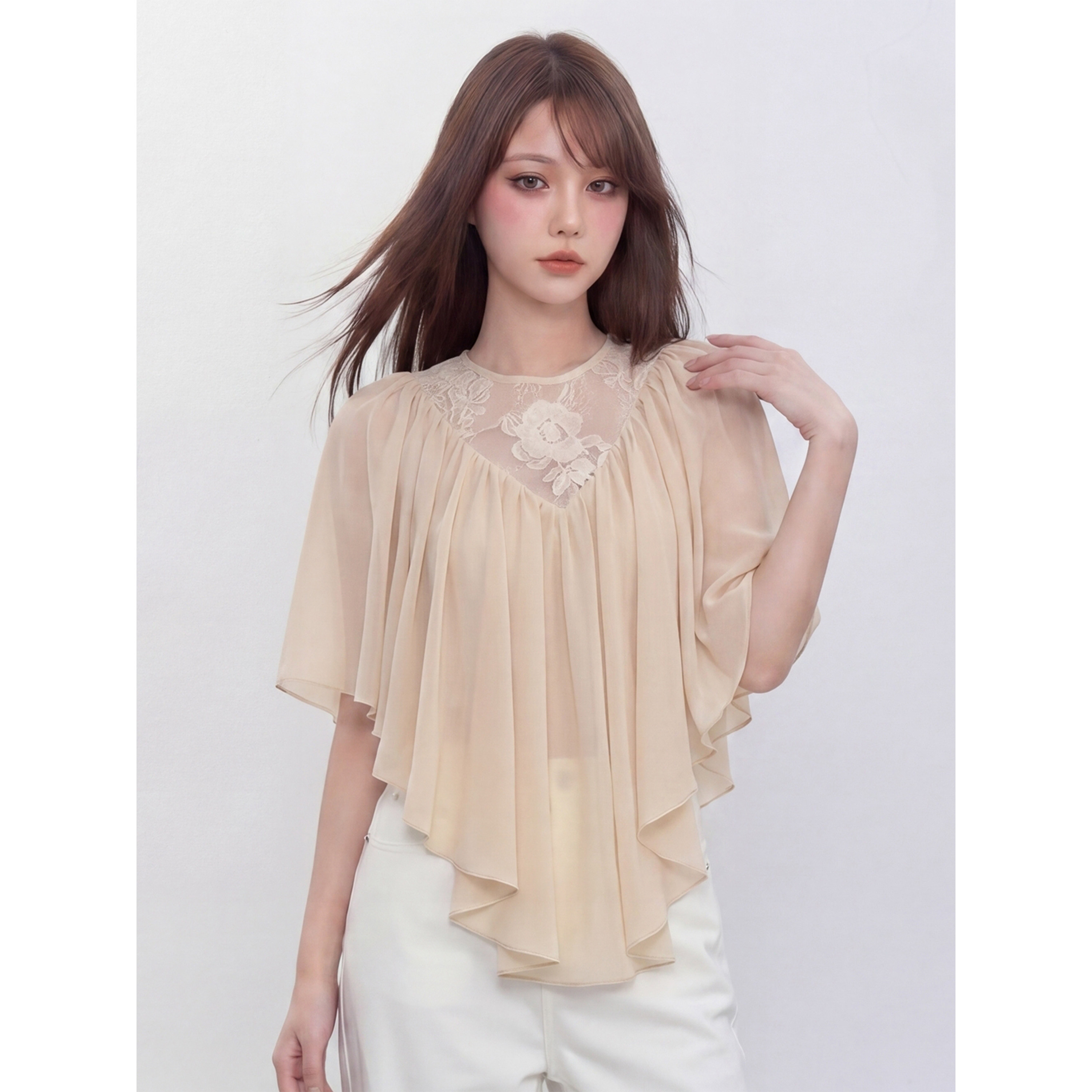 良木衣 法式网纱拼接雪纺上衣女宽松飘逸刺绣蕾丝斗篷式短袖小衫