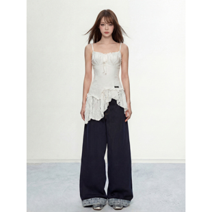 良木衣 法式设计感蝴蝶结斜边吊带裙女春季不规则拼接收腰连衣裙