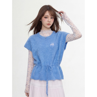良木衣 韩系蓝色小飞袖针织毛衣马甲女2026春修身碎花打底衫套装