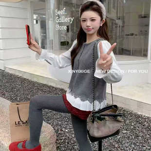 减龄通勤韩版 新款 假两件长袖 衬衫 新依西阁同款 少女装 2025年春季