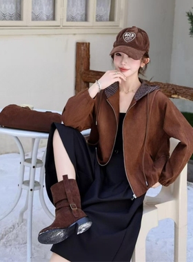 黄花鱼9052正品秋季新款鹿皮绒外套大码女装连帽开衫运动休闲上衣