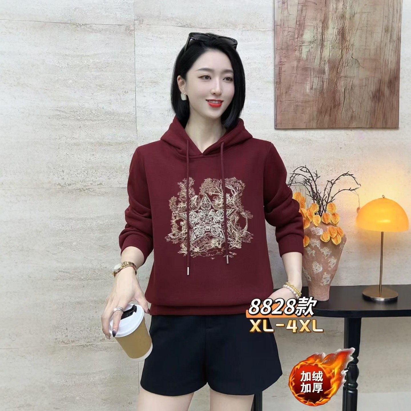 桑亚娜2382大码女装外套连帽长袖加绒卫衣休闲减龄通勤女套头上衣