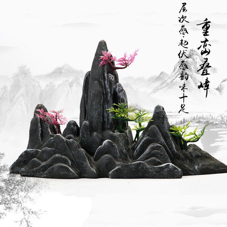 新款创意双面假山 鱼缸造景假山笔架山水族箱装饰仿石山造型摆件